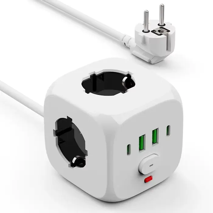 Extension de prise murale multiprise avec ligne d'extension de 2 mètres, 3 prises AC, 2 Ports USB et