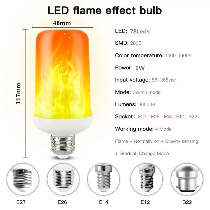 Ampoule LED décorative à effet de flamme dynamique 4 modes