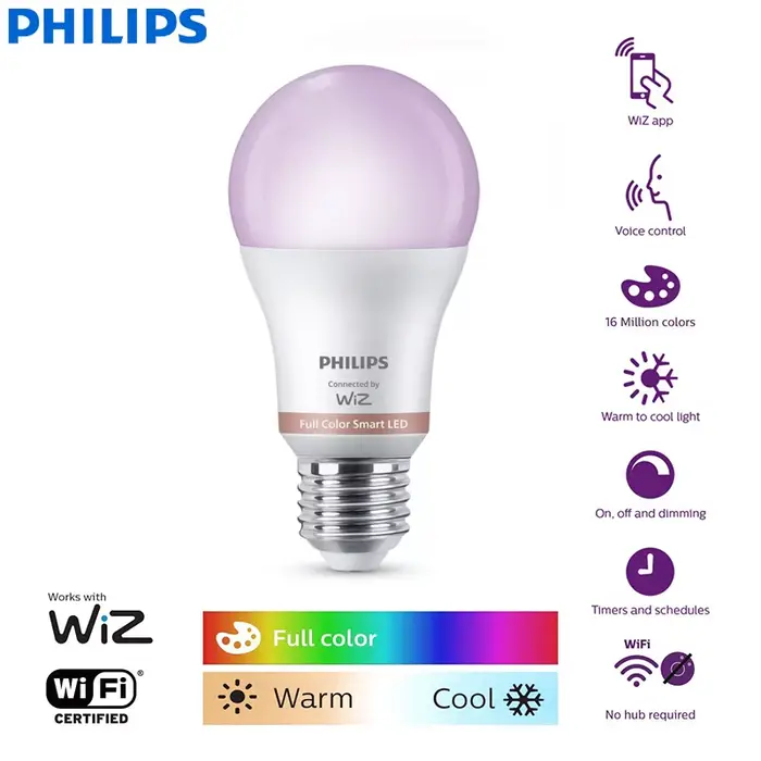 Ampoule LED intelligente Philips WiZ 8.5W E27 Wi-Fi Bluetooth 16 millions de couleurs EyeComfort lampe à intensité variable pour salon ambiance personnalisable