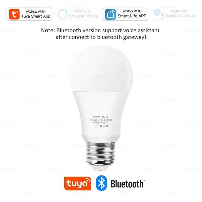 Tuya – ampoule intelligente WiFi/Bluetooth E27 RGB + C + W, AC 220V, fonctionne avec Alexa Google As