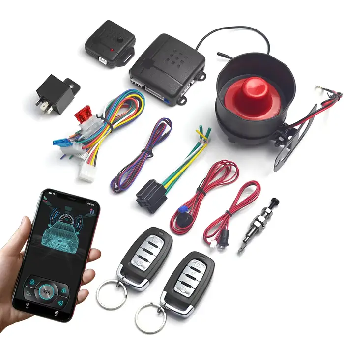 Système d'alarme antivol pour voiture avec contrôle par application Bluetooth via téléphone portable et 2 télécommandes pour verrouillage des portes