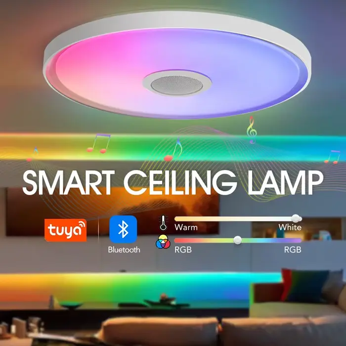 Plafonnier intelligent LED RGB avec télécommande et haut-parleur pour éclairage musical et ambiance personnalisée chambre salon moderne