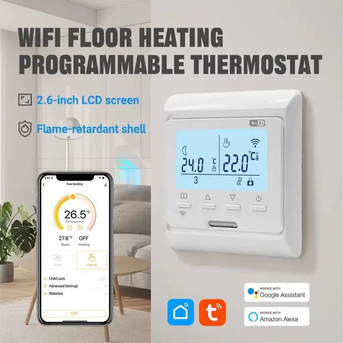 Thermostat de chauffage au sol intelligent 100 V-240 V 3 A 16 A avec connectivité WiFi pour le contrôle de la température à distance et la programmation intelligente