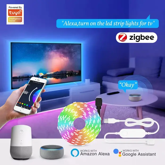 Bande lumineuse LED USB Tuya Zigbee, rétroéclairage Smart TV, 3.0 RVB, RGBW, ruban LED USB, 5V, fonc