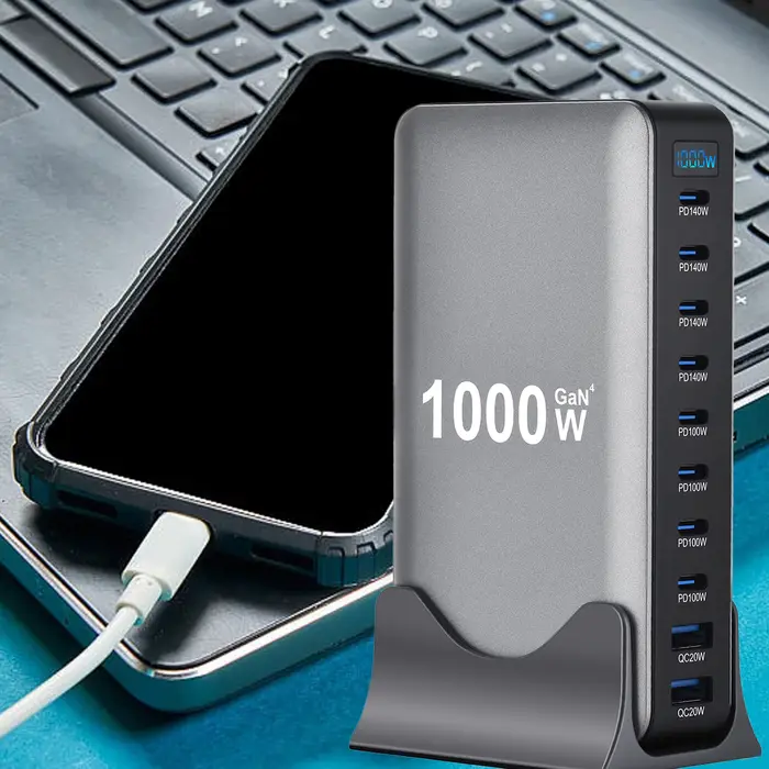 Station de charge rapide GaN 1000W avec 10 ports USB pour chargeurs de bureau efficaces et compatibles avec iPhone Samsung Xiaomi Huawei