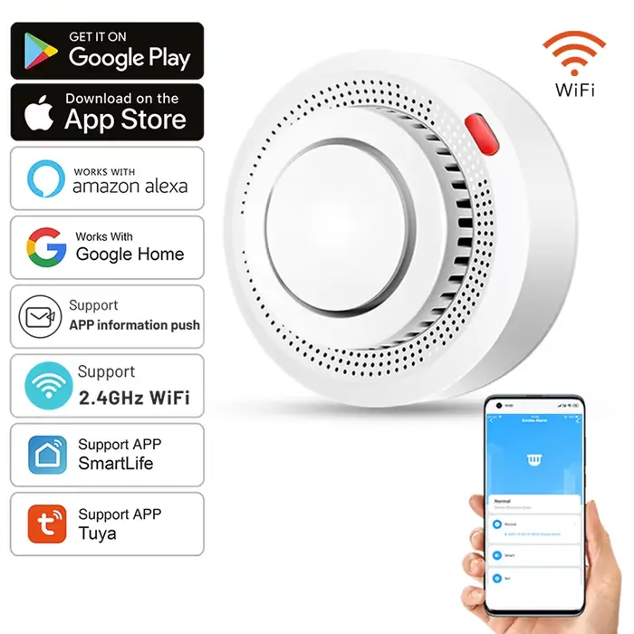 Détecteur de Fumée Intelligent WiFi Tuya Détecteur de Fumée et Incendie avec Certification CE et Compatibilité Google Assistant Pour Maison Intelligente Sécurité et Protection Occasions Spéciales