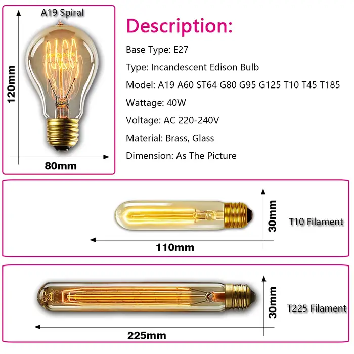 Ampoule Edison rétro E27 40W 220V 110V