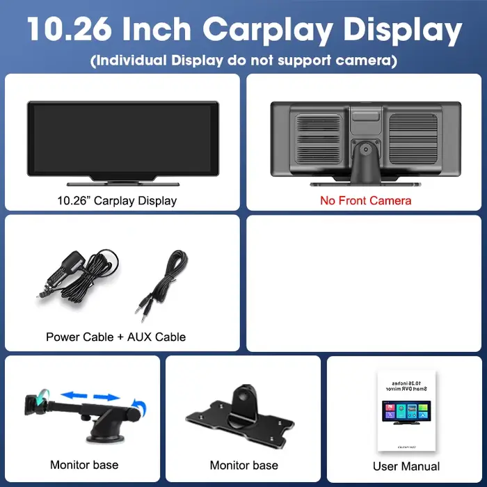 10.26 ''Tape Cam 4K voiture miroir lecteur vidéo sans fil Carplay Android Auto GPS voiture moniteur 