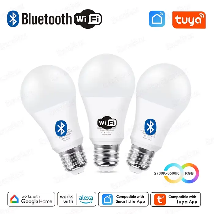 Tuya E27 lampe à LED App contrôle Bluetooth/WiFi ampoule LED 15W RGB CW WW