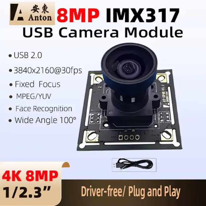Module de caméra USB 4K 8MP IMX317 CMOS à mise au point fixe FF 100 °   Webcam UVC de reconnaissance