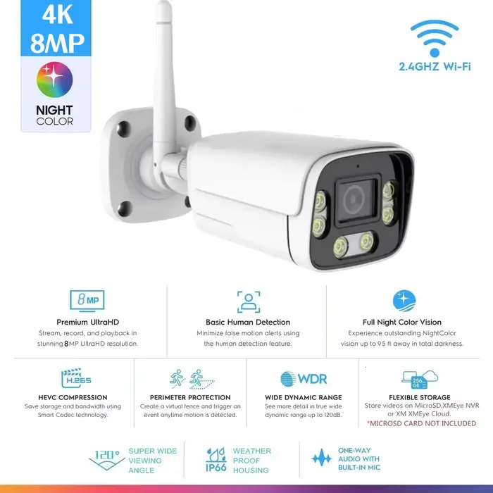 ICsee 4K 8MP sans fil sécurité extérieure Wifi AI caméra 98ft couleur nocturne détection humaine bal