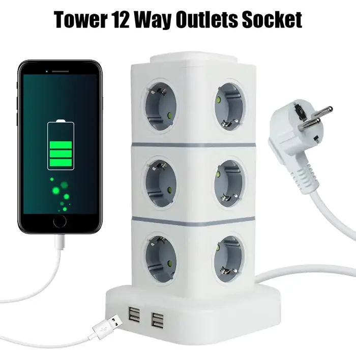 Multiprise tour 12 prises avec 4 ports USB, cordon d'extension 2,8 m, prise UE, protection contre le
