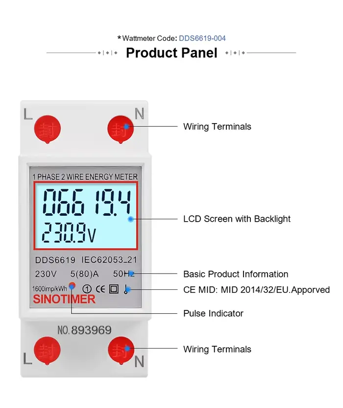Compteur d'énergie numérique LCD 80A monophasé 2 fils pour usage domestique