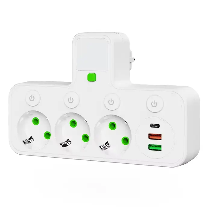 Prise murale EU avec 4 prises AC, 2 USB, 1 port Type-C, interrupteur marche/arrêt, veilleuse, multip