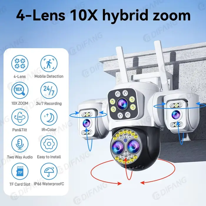 Yoosee WiFi caméra extérieure 8K 16MP quatre objectifs trois écrans CCTV Ai Track vidéo PTZ 360 °
