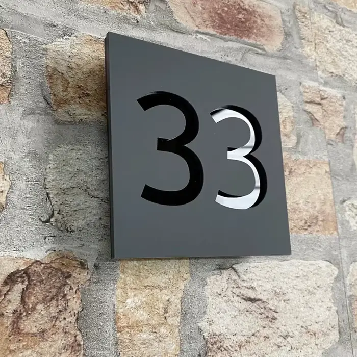 Panneau de numéros de maison flottante extérieur, miroir noir/blanc mat, or argent, Plaque de maison