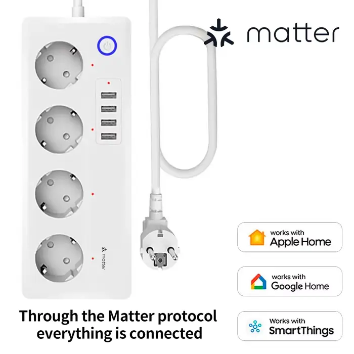 Multiprise intelligente Matter compatible avec Apple HomeKit, Google Home, et SmartThings pour une maison connectée efficace et sûre
