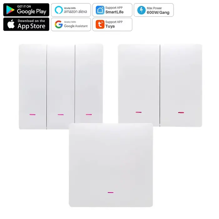 Tuya Smart WiFi Button Switch, Aucun fil melon al requis, 1/2/3 Gang Wall Light, Smart Home Support,