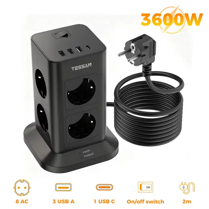TESSAN 3600W USB C tour multiprise avec rallonge de 2M prise électrique verticale avec interrupteur 