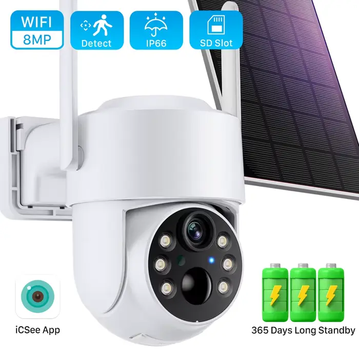 Caméra solaire sans fil HD 8MP caméra IP WiFi extérieure PTZ batterie intégrée caméra de Surveillanc