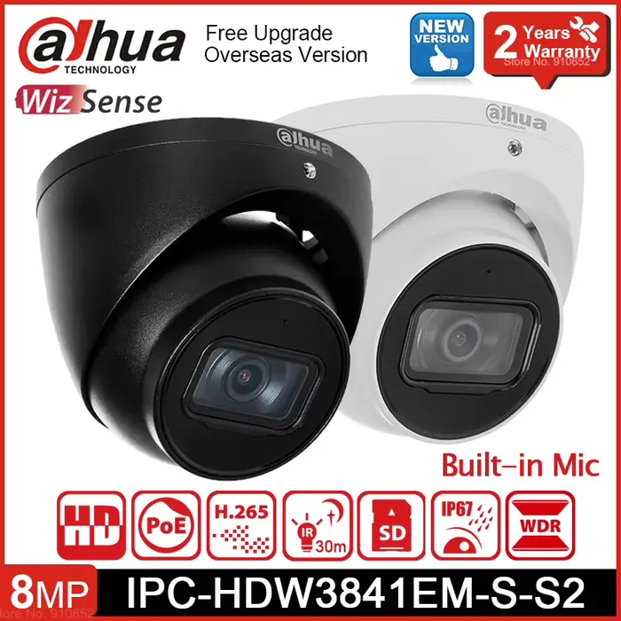 Caméra dôme Dahua IPC-HDW3841EM-S2 8MP WizSense pour sécurité intérieure avec détection de mouvement et résistance aux intempéries