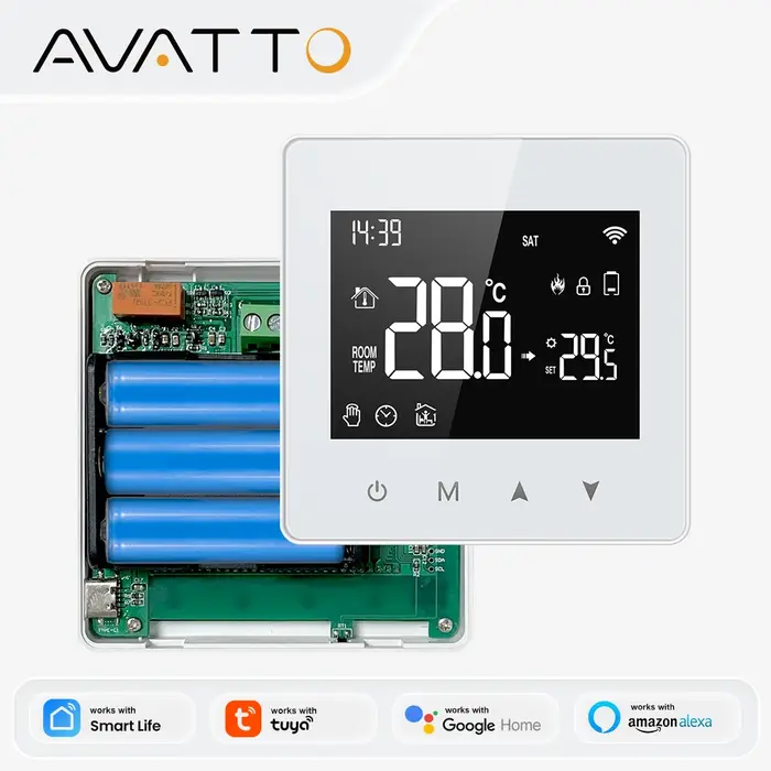 Thermostat intelligent WiFi ZigBee pour chaudières à eau et gaz contrôle de température faible consommation énergie compatible Tuya Alexa Google Home Alice pour maison智能家居温控系统，适用于水暖和燃气锅炉，兼容Tuya、Alexa、Google Home和Alice，低能耗智能恒温器。