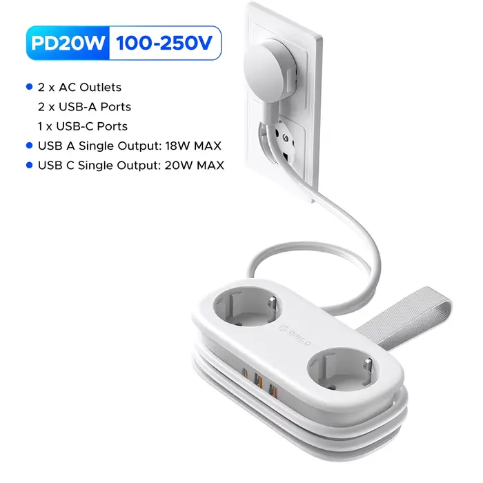 ORICO AP3 prise ue 20W PD multiprise 2 prises AC 2USB 1 type-c 1.53M rallonge électrique charge rapi