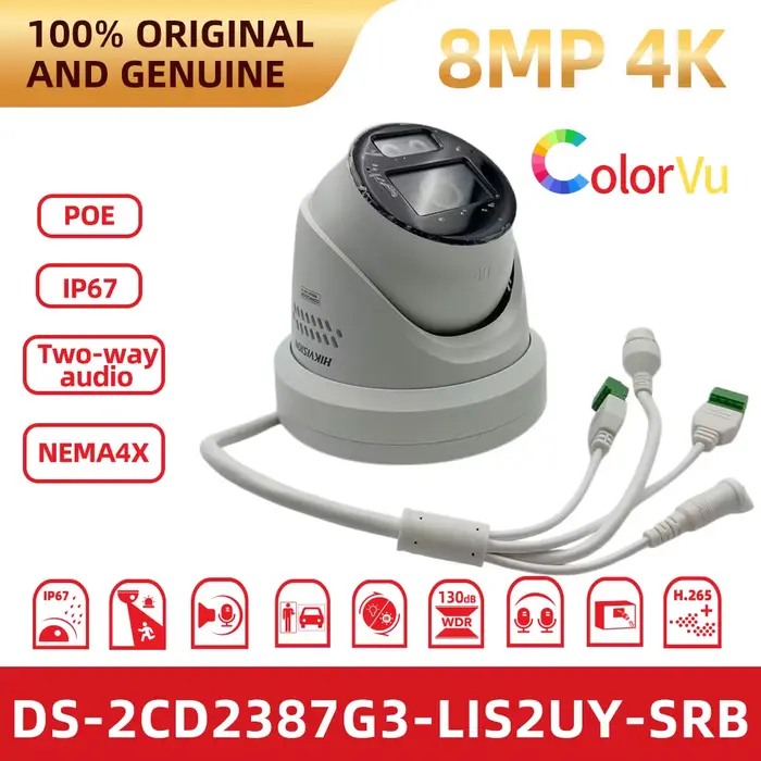 Caméra IP Hikvision DS-2CD2387G3-LIS2UY 8MP 4K ColorVu, lumière hybride intelligente, audio bidirect