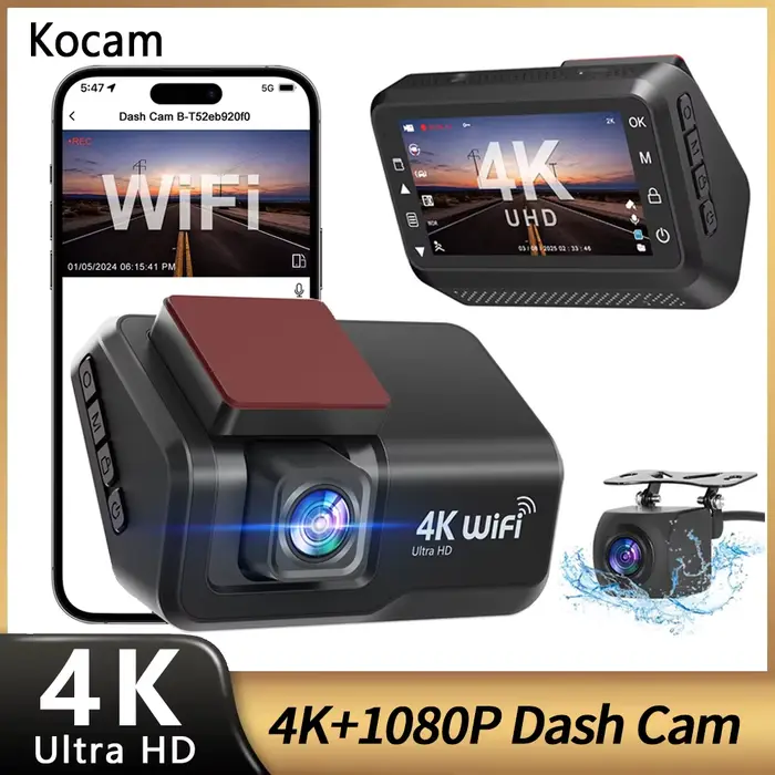 Kocam 4K UHD Dash Cam WiFi voiture DVR avant et arrière double objectif Auto caméra
