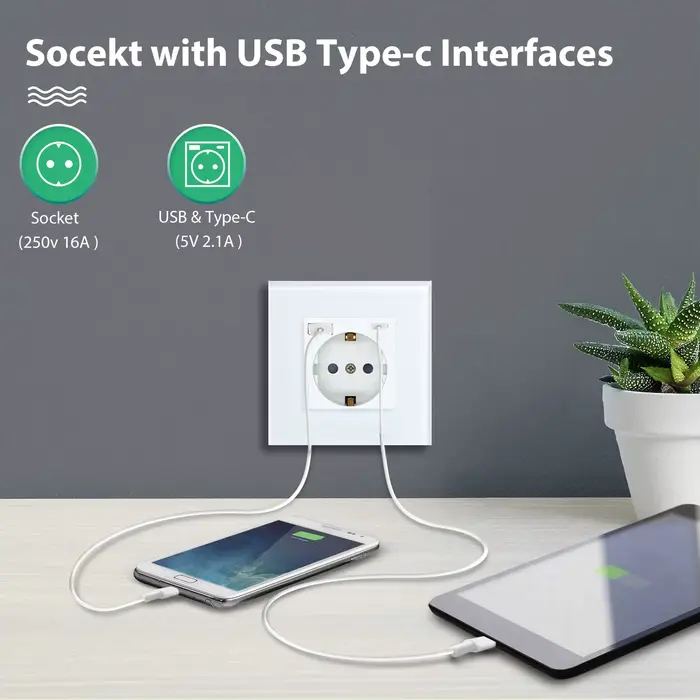 Prise murale BSEED avec panneau en verre et chargeur USB Type-C pour usage résidentiel et général protection enfant moderne design élégant interruption tactile installation murale