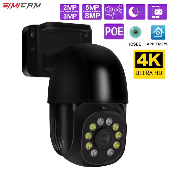 Caméra de sécurité 4K 8MP POE PTZ, vidéosurveillance, Audio bidirectionnel, Vision nocturne couleur,