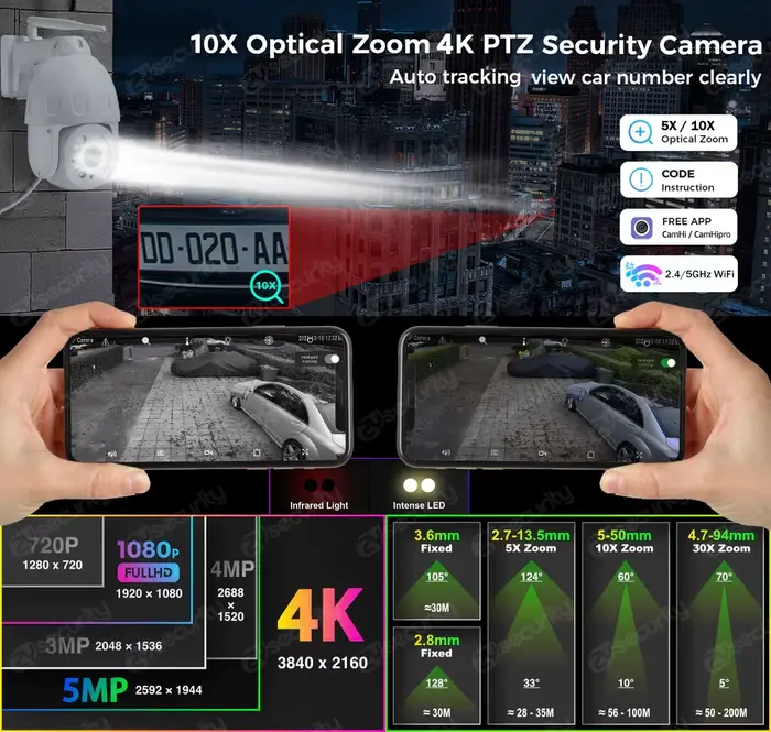 Caméra de surveillance extérieure PTZ IP HD 8MP/4K