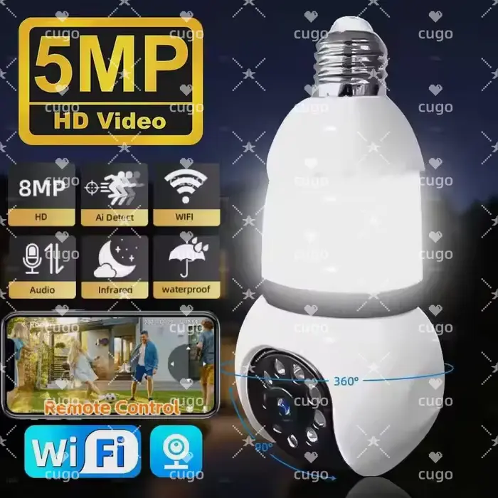 Caméra WiFi LED E27 5MP, ampoule intelligente, caméra IP de surveillance, PTZ, zoom 8X, suivi, audio