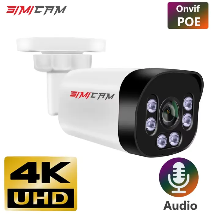 Caméra SIMICAM 4K Poe avec Audio 48V POE/DC 12V 4MP/5MP/8MP Super HD Vision nocturne infrarouge Surv