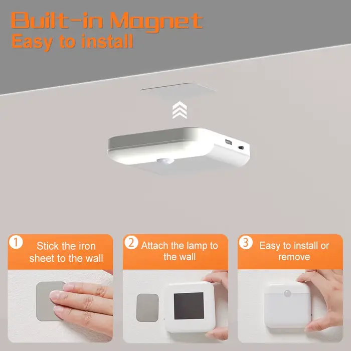 Lumière de capteur de mouvement Led USB TYPE-C charge lampe carrée pour chambre cuisine escalier cou