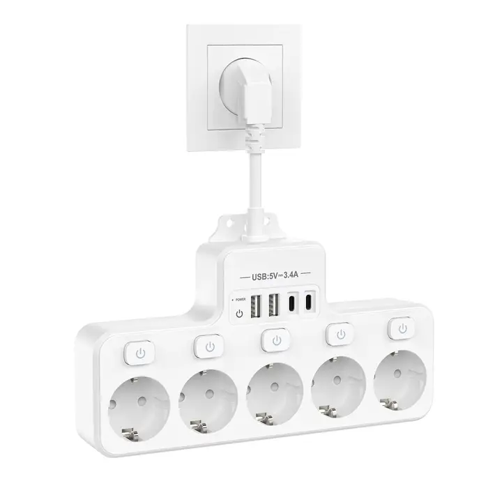 Multiprise EU avec interrupteur pour la maison, multiprise 5 voies, prise électrique multiple, 4 por