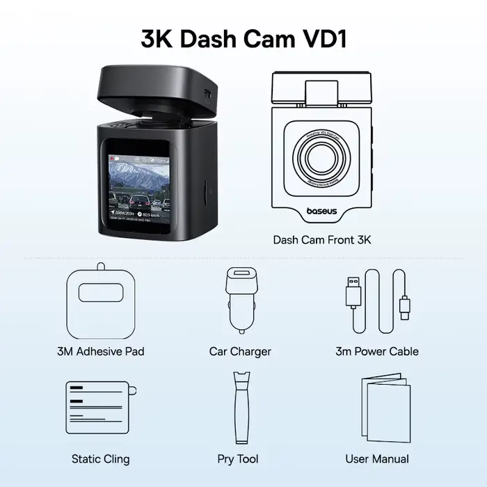 Baseus 3K Dash Cam VD1 caméra avant et arrière HD GPS intégré Galileo supercondensateur voiture DVR 