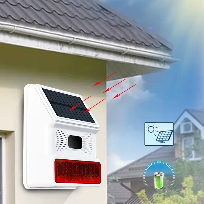 Sirène de haut-parleur solaire sans fil 433MHz sondeur extérieur 100Db super klaxon d'alarme sécurité maison entreprise cadeau anniversaire noel
