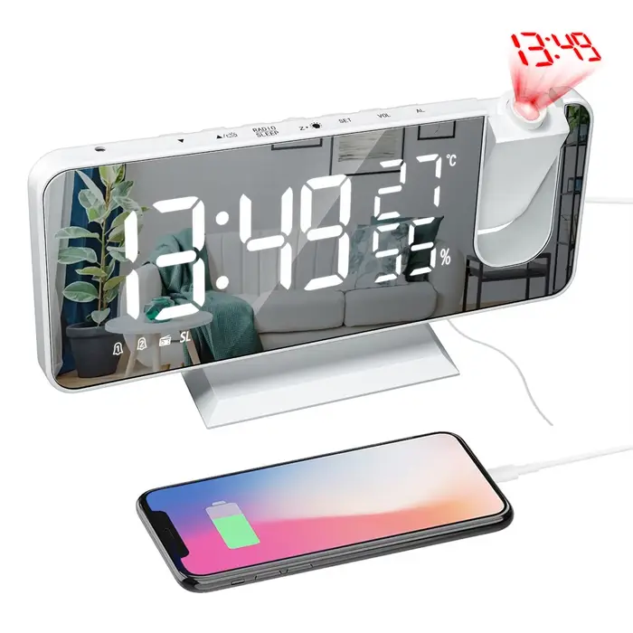 LED numérique miroir Projection réveil maison FM Radio thermomètre hygromètre USB réveil montre 180 