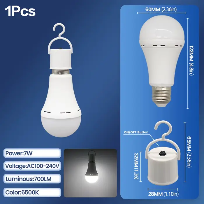 Ampoule LED Rechargeable E27 7W 1500mAh, ampoule de secours 220V 110V pour la puissance domestique, 