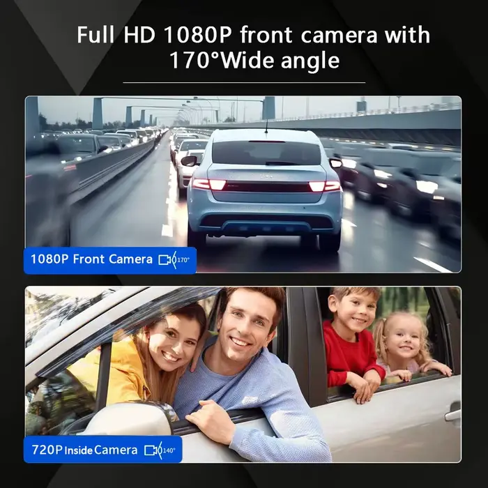 Caméra de tableau de bord avec double caméra, vue avant et intérieure, enregistrement en boucle, moniteur WiFi, surveillance de stationnement, détecteur de collision, protection de la vie privée pour la conduite sécurisée et en toute tranquillité