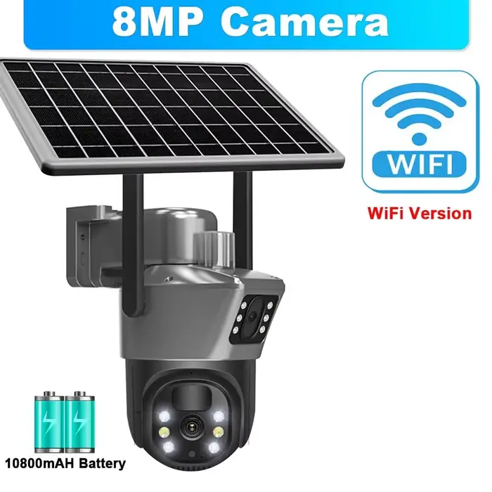 Caméra solaire à double objectif 4K 8MP, sécurité extérieure, WiFi, avec panneau solaire PIR, détect