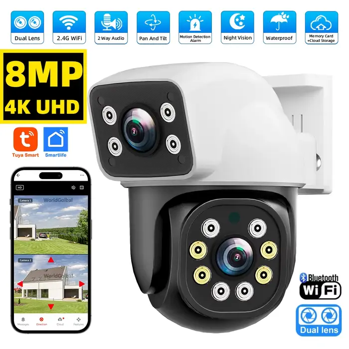 Tuya 8MP 4K WIFI caméra IP PTZ double objectif double écran détection de mouvement couleur nuit camé