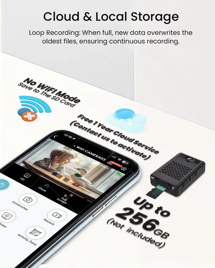 Mini caméra de sécurité Nanny Cam avec 180 ° Objectif rotatif Cloud et stockage SD Surveillance WiFi 4K Pas