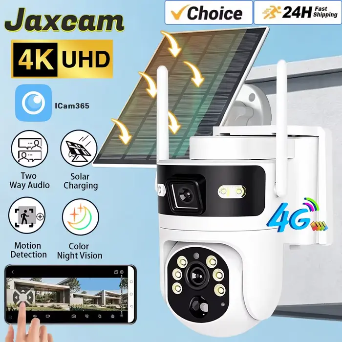 Caméra solaire 4G avec carte SIM, 8MP, 4K, double objectif, double vue, moniteur, vision nocturne co