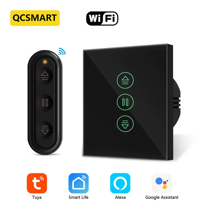 QCSMART Tuya – rideau de volet roulant intelligent, télécommande avec minuterie de pourcentage noire
