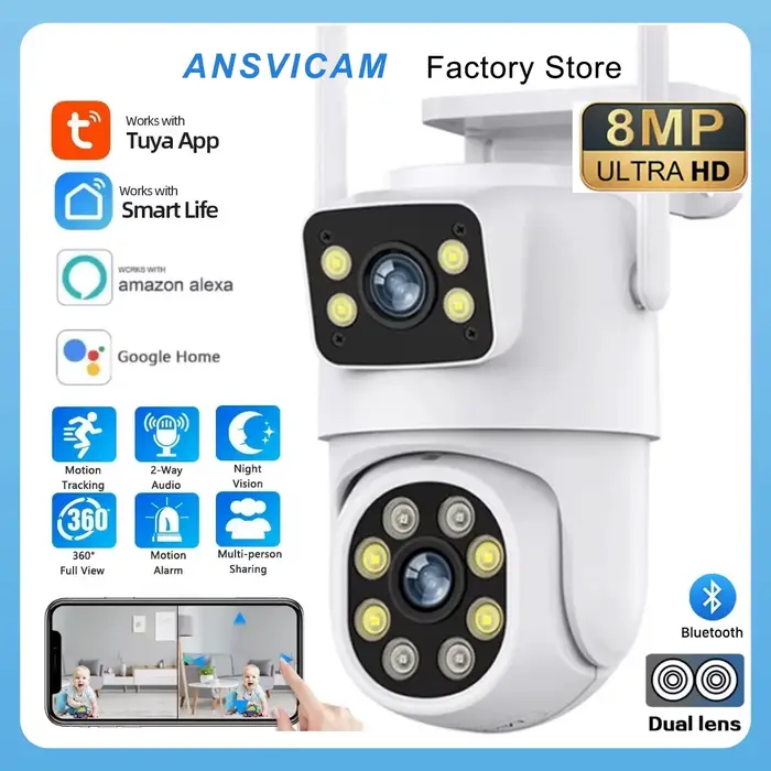 4K 8MP Tuya double objectif PTZ WIFI caméra Full HD double écran Ai humain suivi automatique extérie