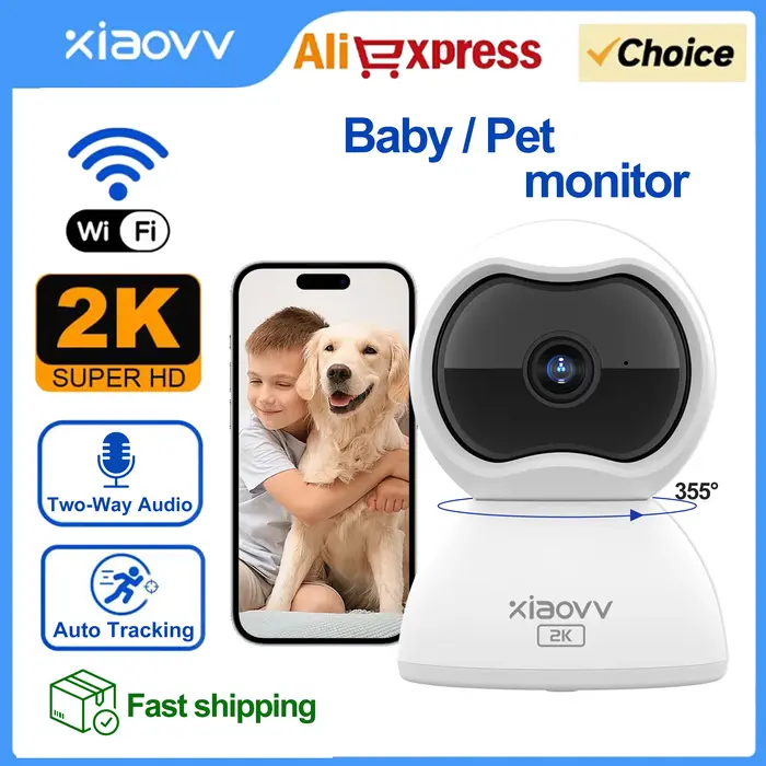 XIAOVV Caméra de surveillance WiFi intérieure 2K Caméra pour animaux de compagnie et bébé avec suivi