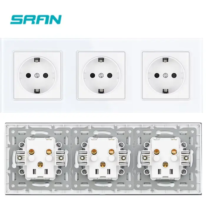 SRAN Prises triples standard européennes, prises électriques européennes 110-250V, panneau en verre,