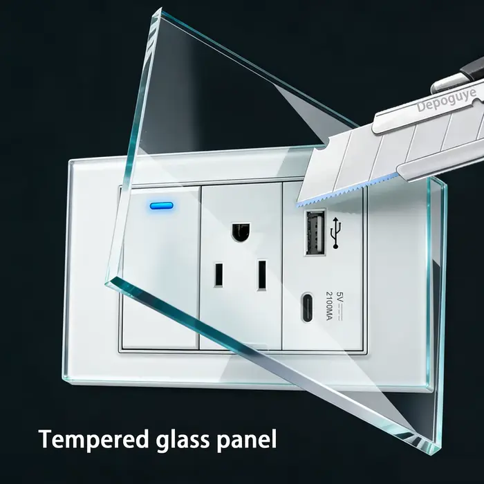 Prise murale américaine avec indicateur LED et chargeur rapide USB Type-C en verre trempé pour décoration et contrôle d'éclairage